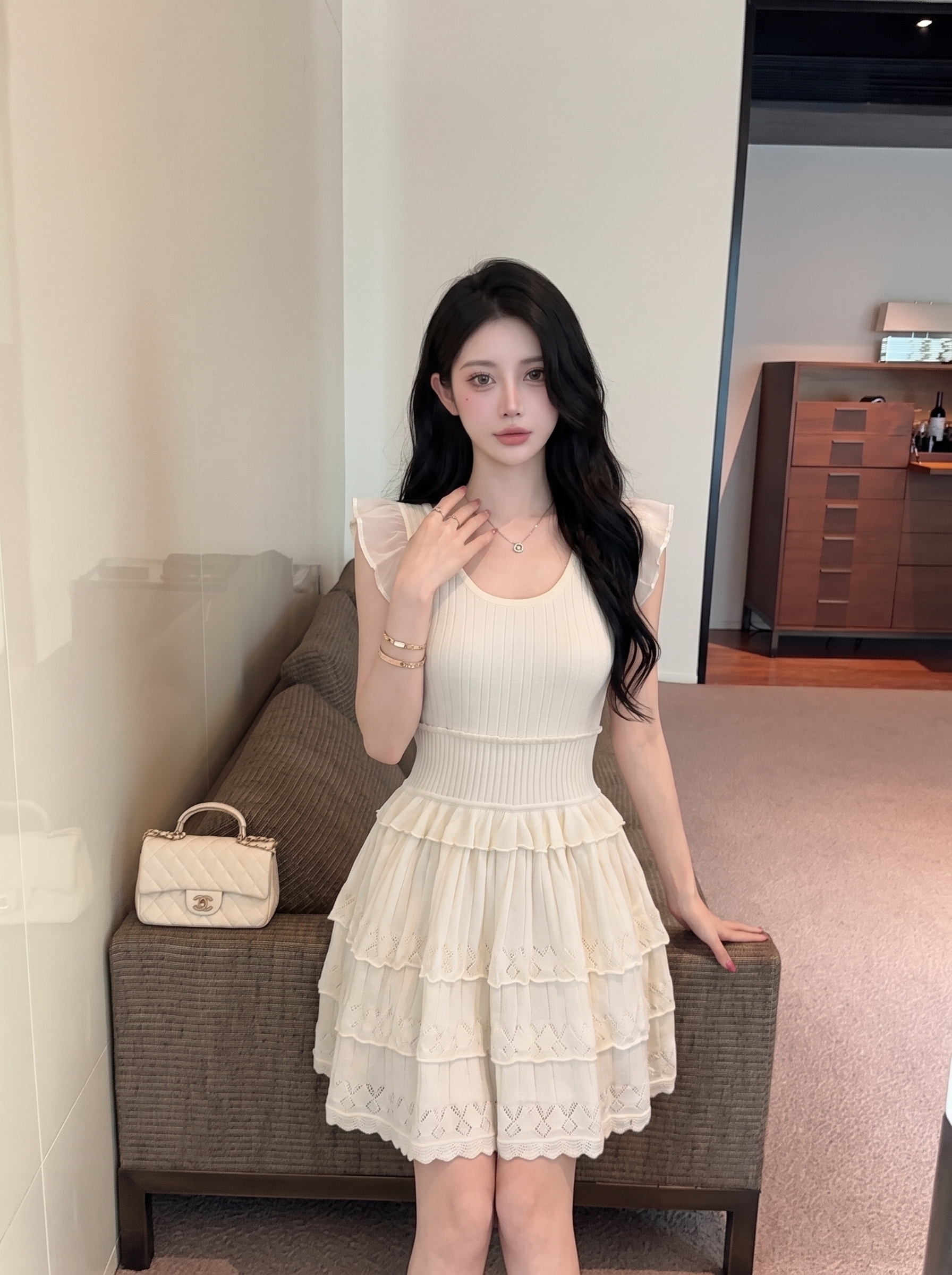 Korean Style Gentle Fly Sleeve Knit Dress Women Summer New Petite Waist Slimming A Line Short Dress - Image 4