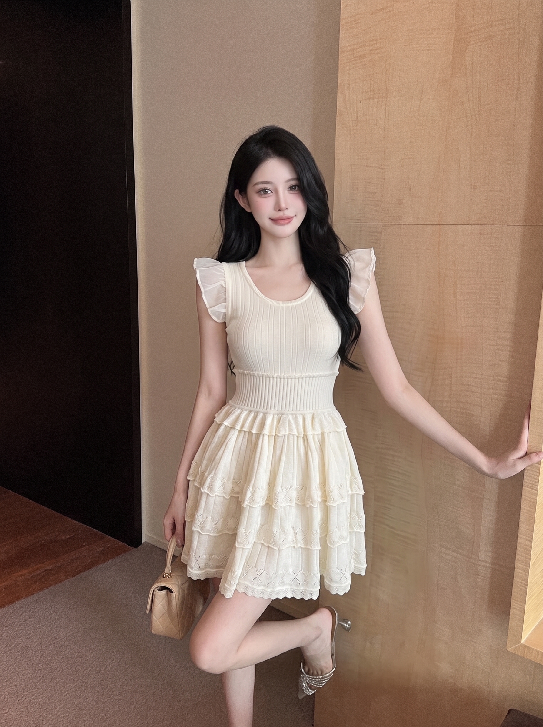 Korean Style Gentle Fly Sleeve Knit Dress Women Summer New Petite Waist Slimming A Line Short Dress