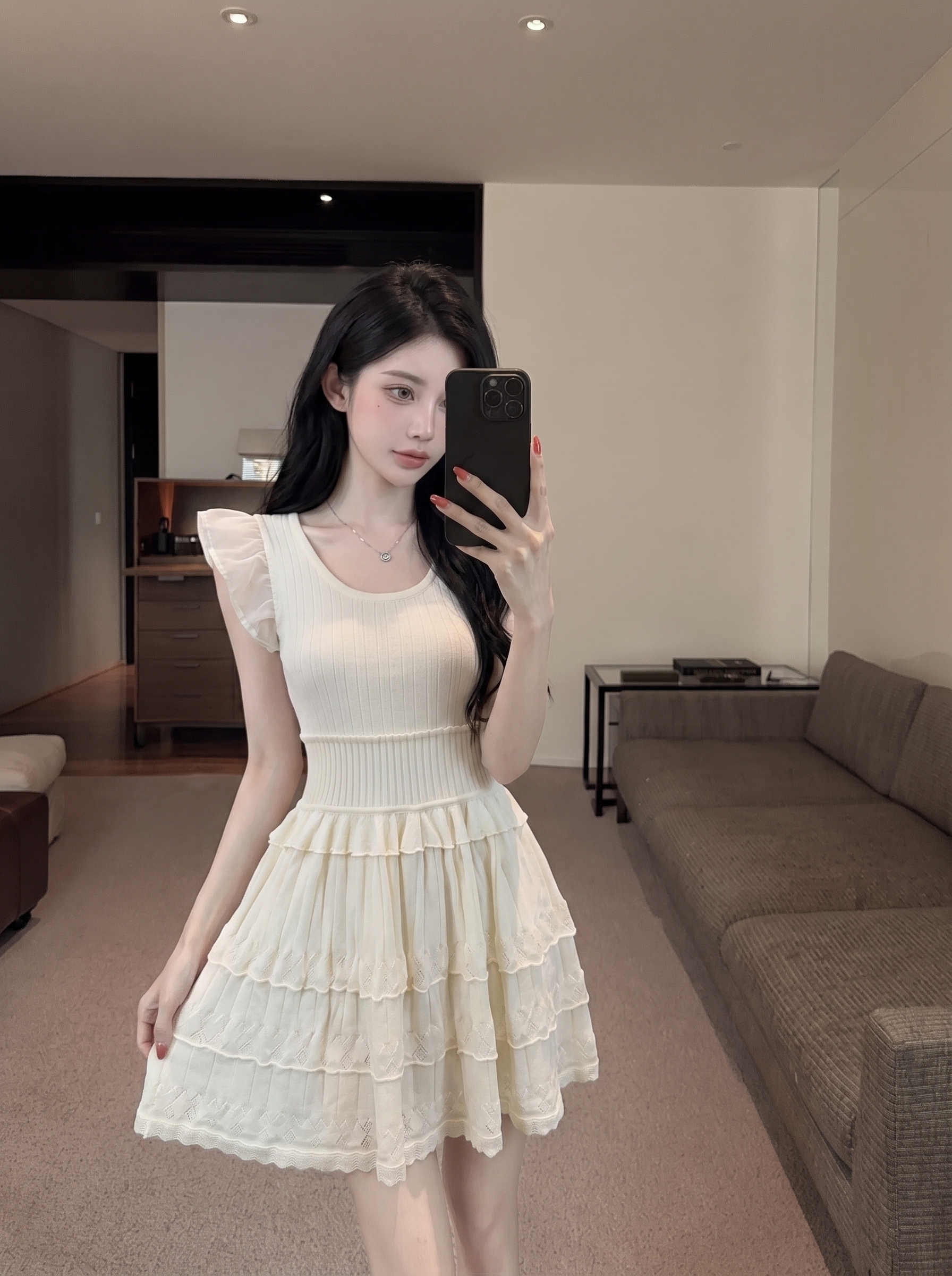Korean Style Gentle Fly Sleeve Knit Dress Women Summer New Petite Waist Slimming A Line Short Dress - Image 2