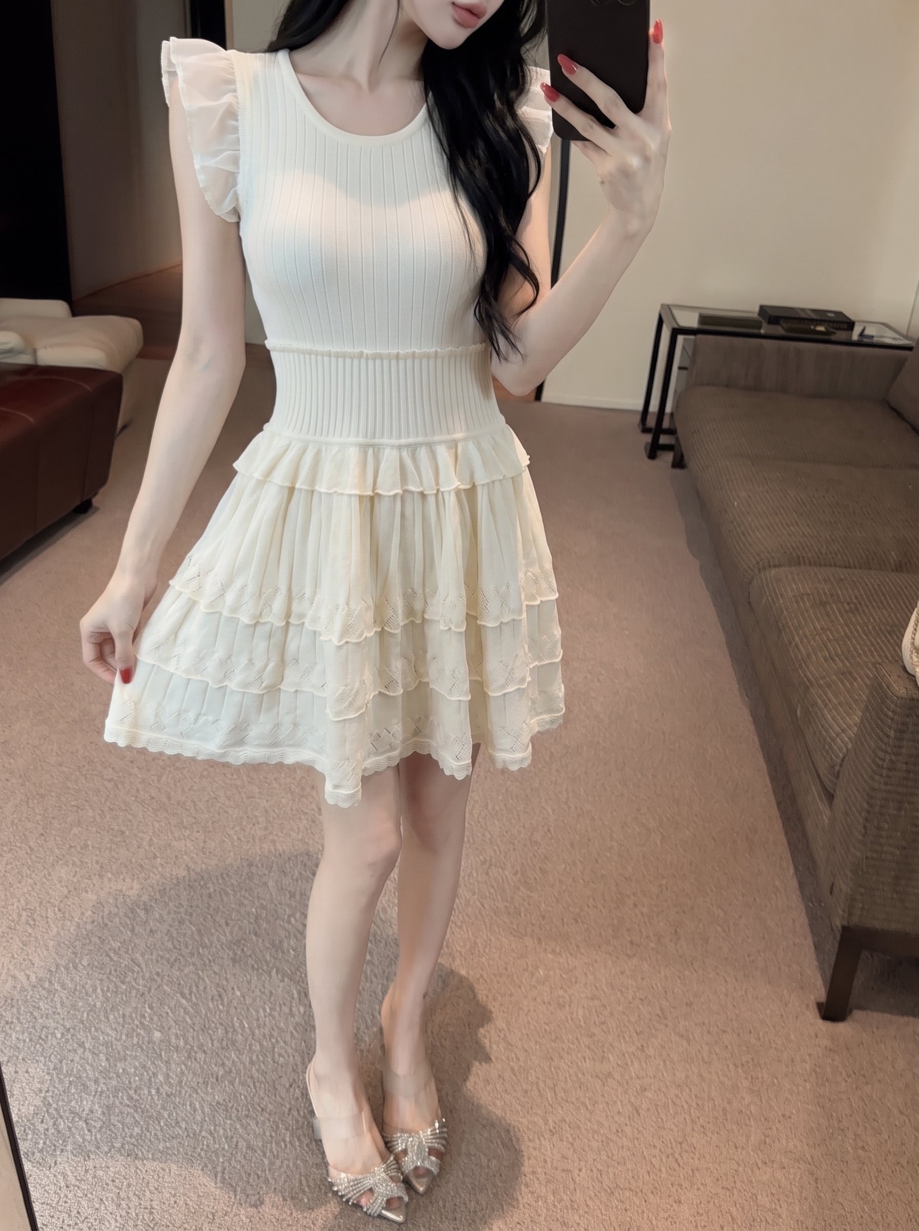 Korean Style Gentle Fly Sleeve Knit Dress Women Summer New Petite Waist Slimming A Line Short Dress - Image 3