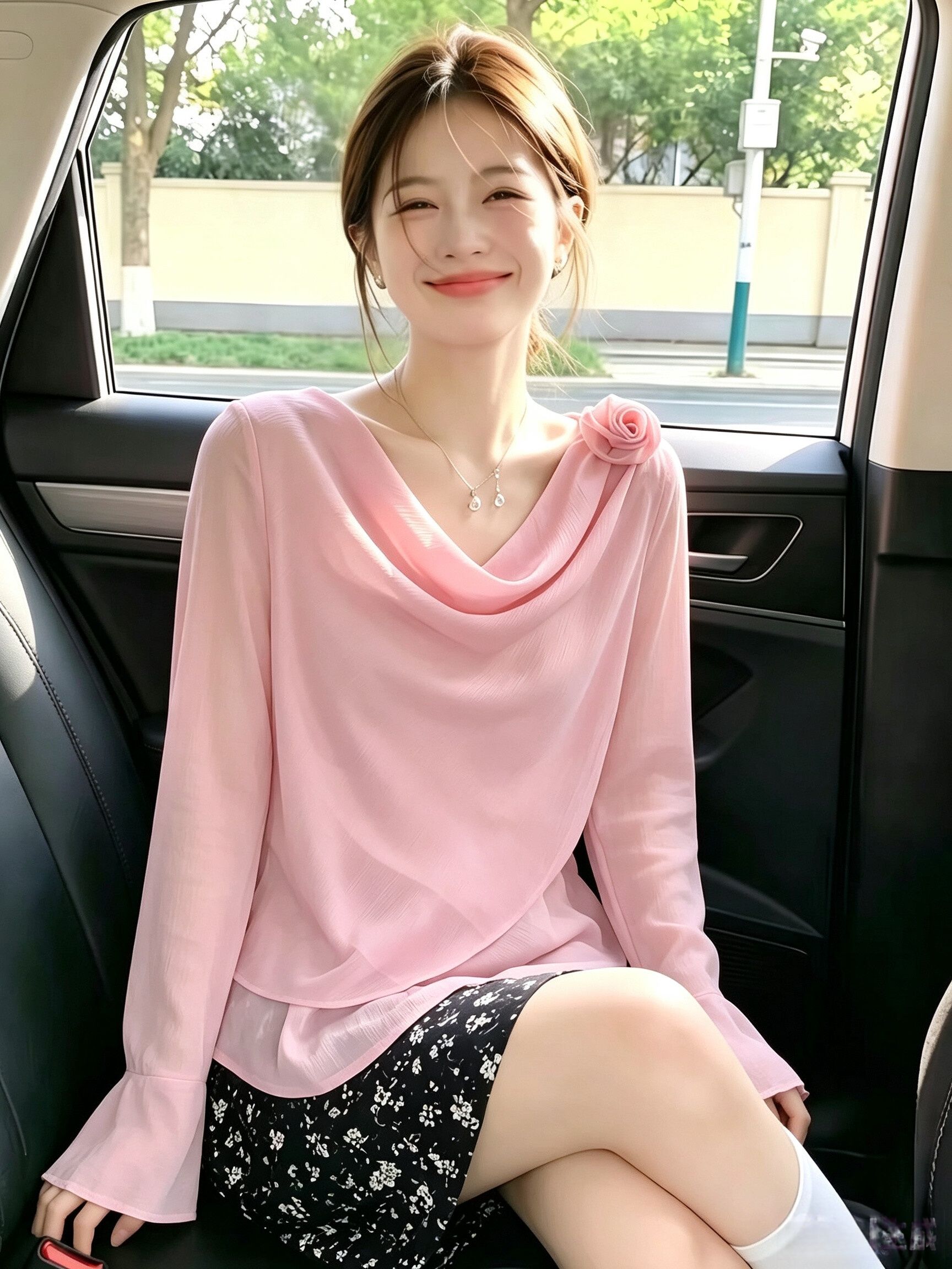 Pink Sweet Age-Reducing Chiffon Shirt Women Summer Korean Style Gentle Slim Fit Casual Bell Sleeve Top - Image 3