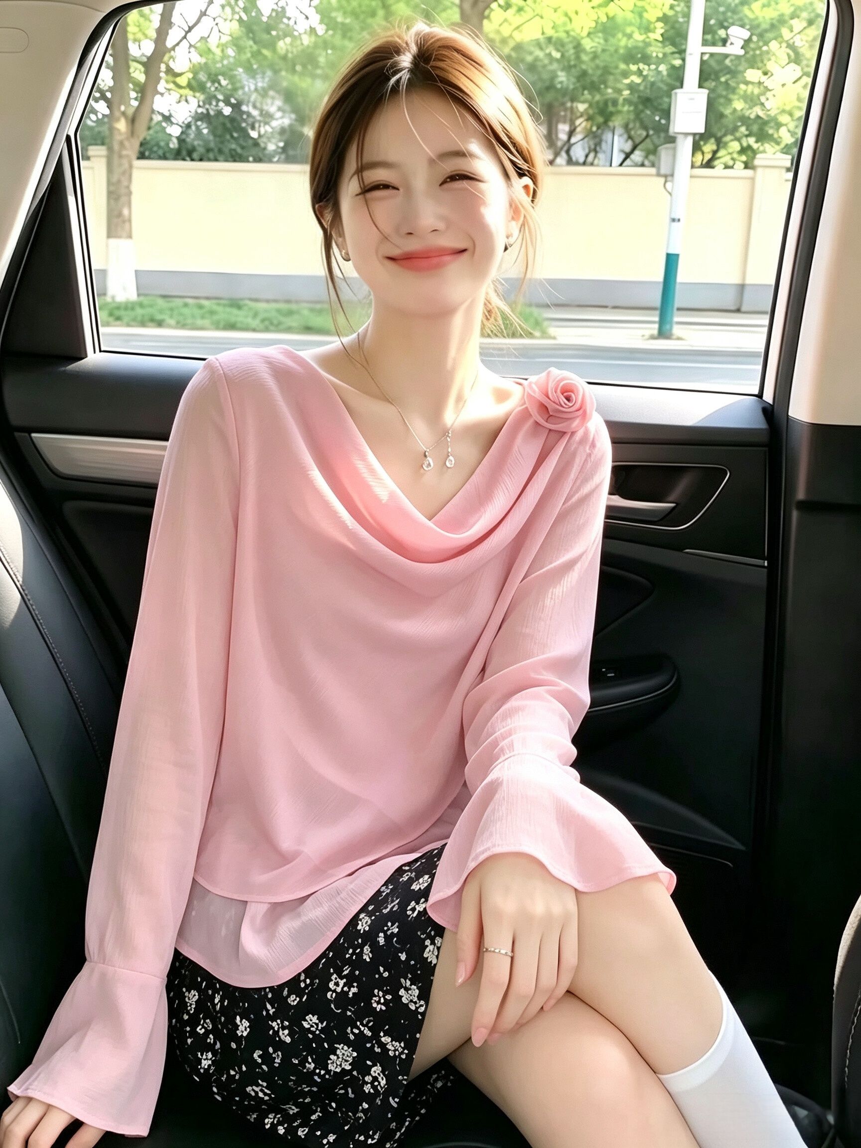 Pink Sweet Age-Reducing Chiffon Shirt Women Summer Korean Style Gentle Slim Fit Casual Bell Sleeve Top - Image 2