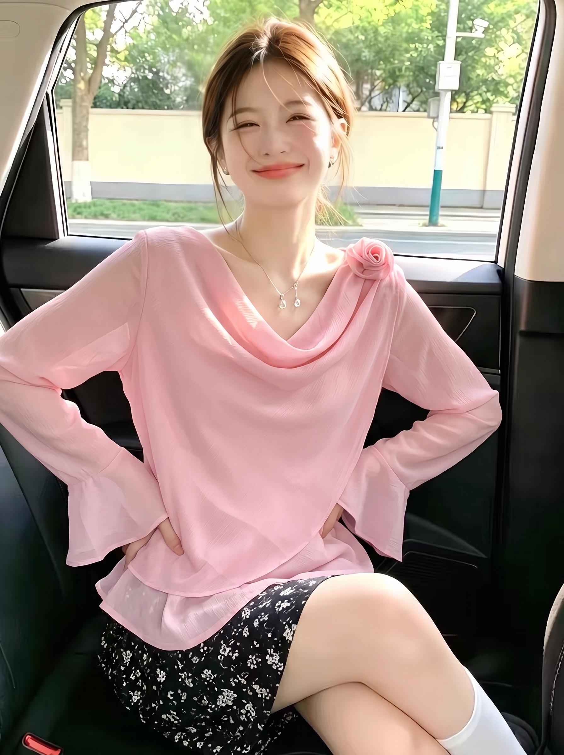 Pink Sweet Age-Reducing Chiffon Shirt Women Summer Korean Style Gentle Slim Fit Casual Bell Sleeve Top