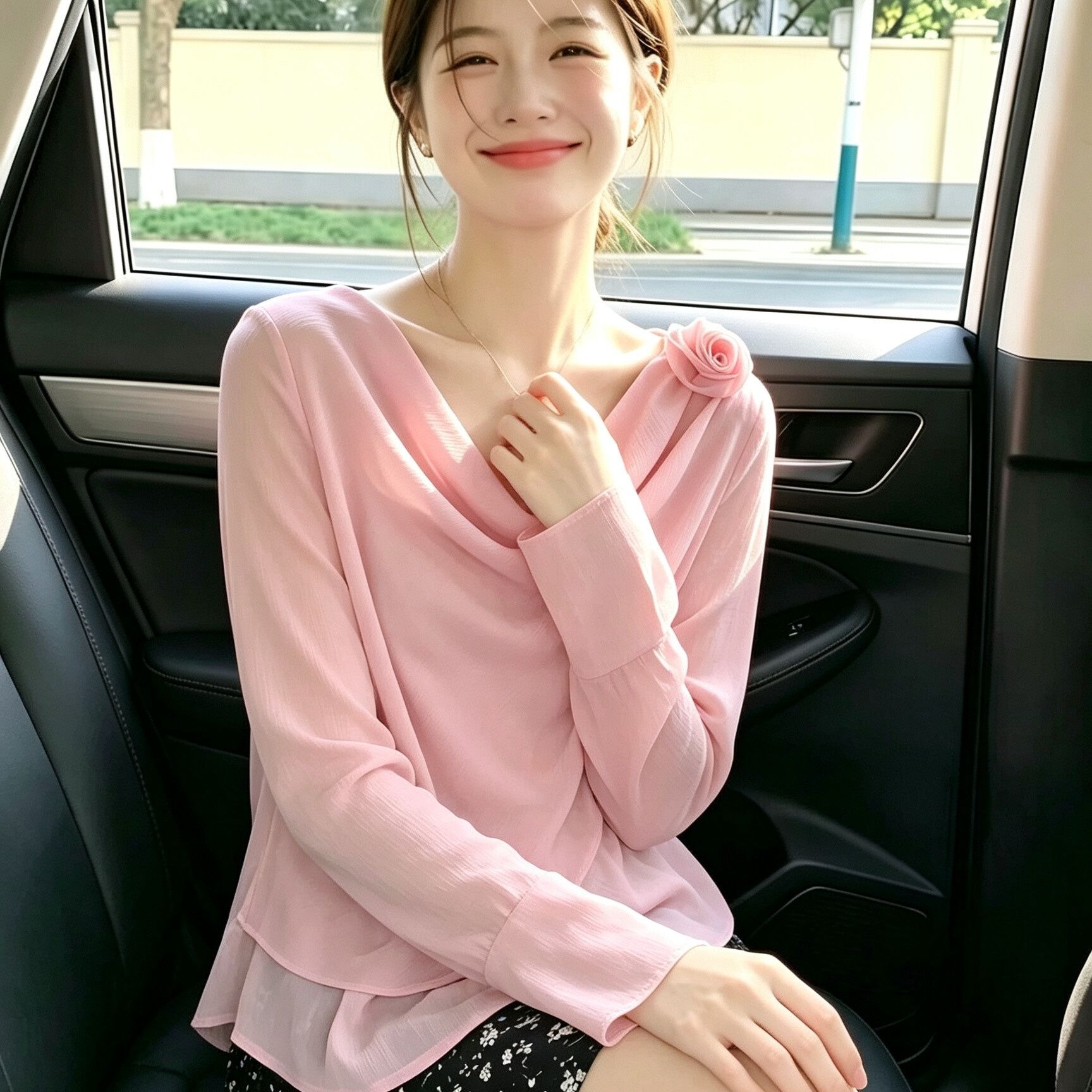 Pink Sweet Age-Reducing Chiffon Shirt Women Summer Korean Style Gentle Slim Fit Casual Bell Sleeve Top - Image 5