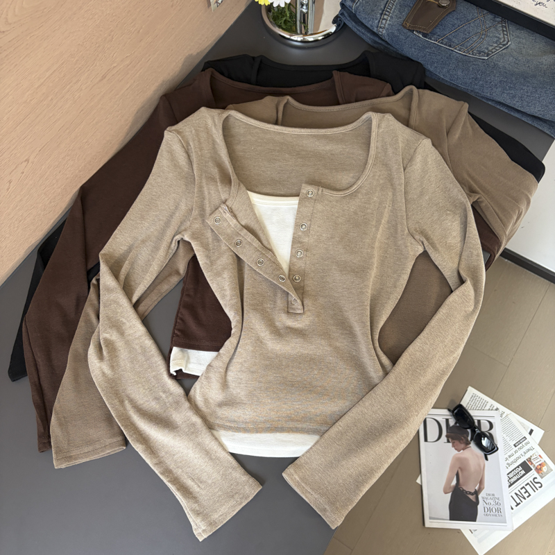 Women's Color-Block Faux-Layer Long-Sleeve T-Shirt Slimming Button Knit Top Fall 2026