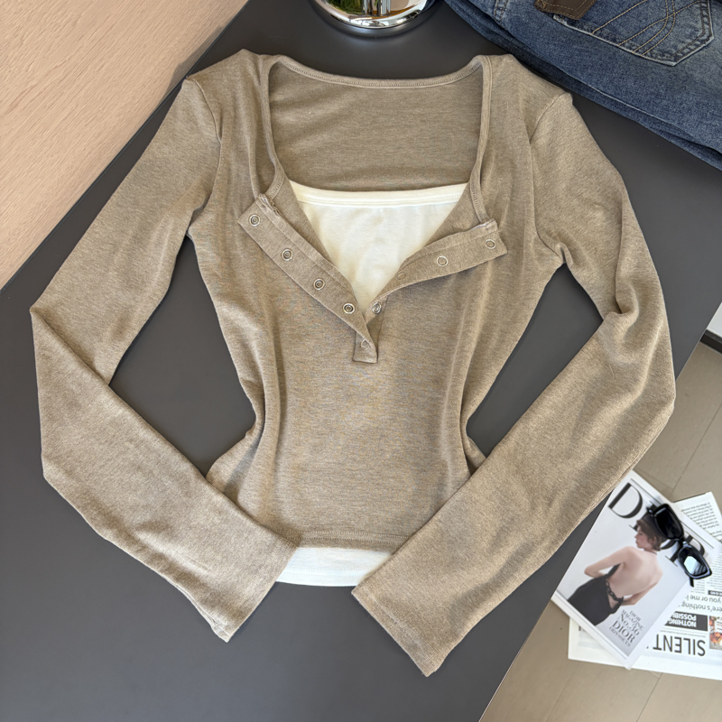 Women's Color-Block Faux-Layer Long-Sleeve T-Shirt Slimming Button Knit Top Fall 2026 - Image 2