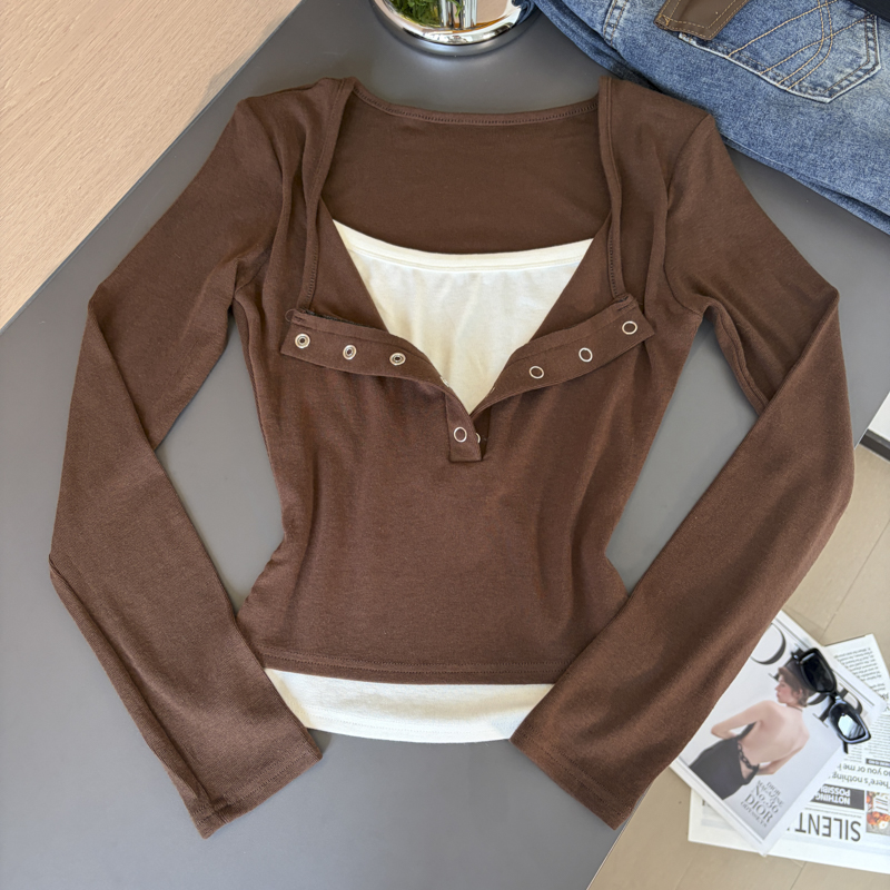 Women's Color-Block Faux-Layer Long-Sleeve T-Shirt Slimming Button Knit Top Fall 2026 - Image 5
