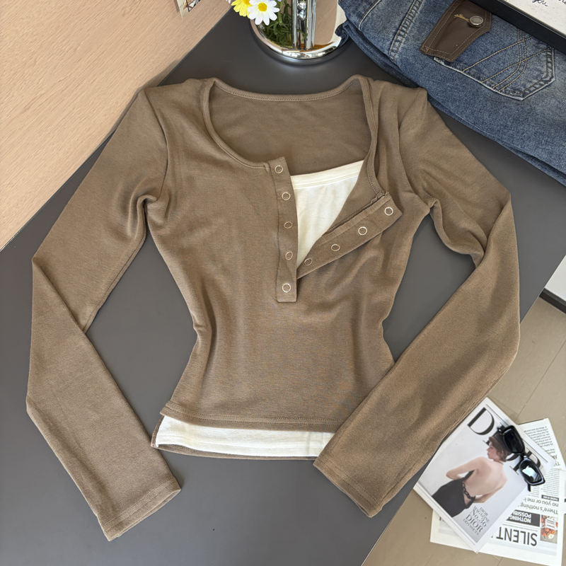 Women's Color-Block Faux-Layer Long-Sleeve T-Shirt Slimming Button Knit Top Fall 2026 - Image 3