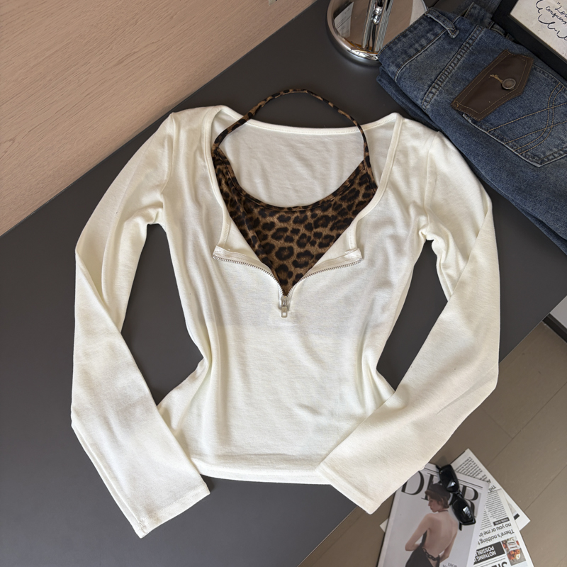 Leopard Print Halter U-Neck Zip Faux Two-Piece Slim Cotton Top Fall 2026 - Style 66c8a1 - Image 4