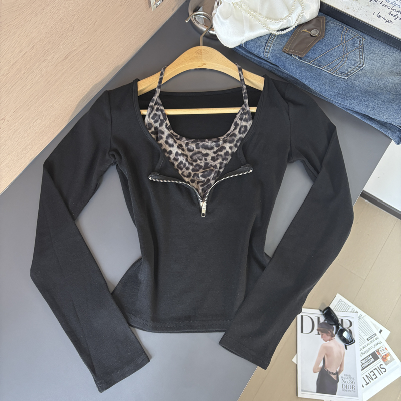 Leopard Print Halter U-Neck Zip Faux Two-Piece Slim Cotton Top Fall 2026 - Style 66c8a1 - Image 5