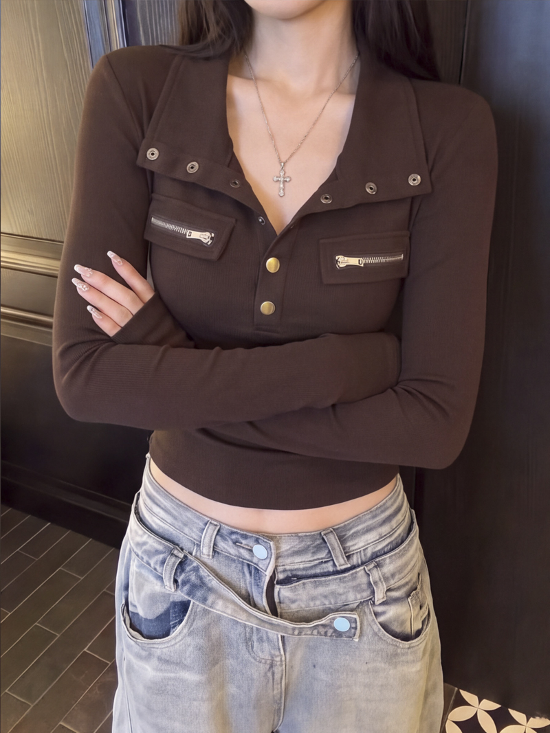 Women's Slim Fit Button Stand Collar Long Sleeve T-Shirt 2026 Fall - Style 3a39b2 - Image 2