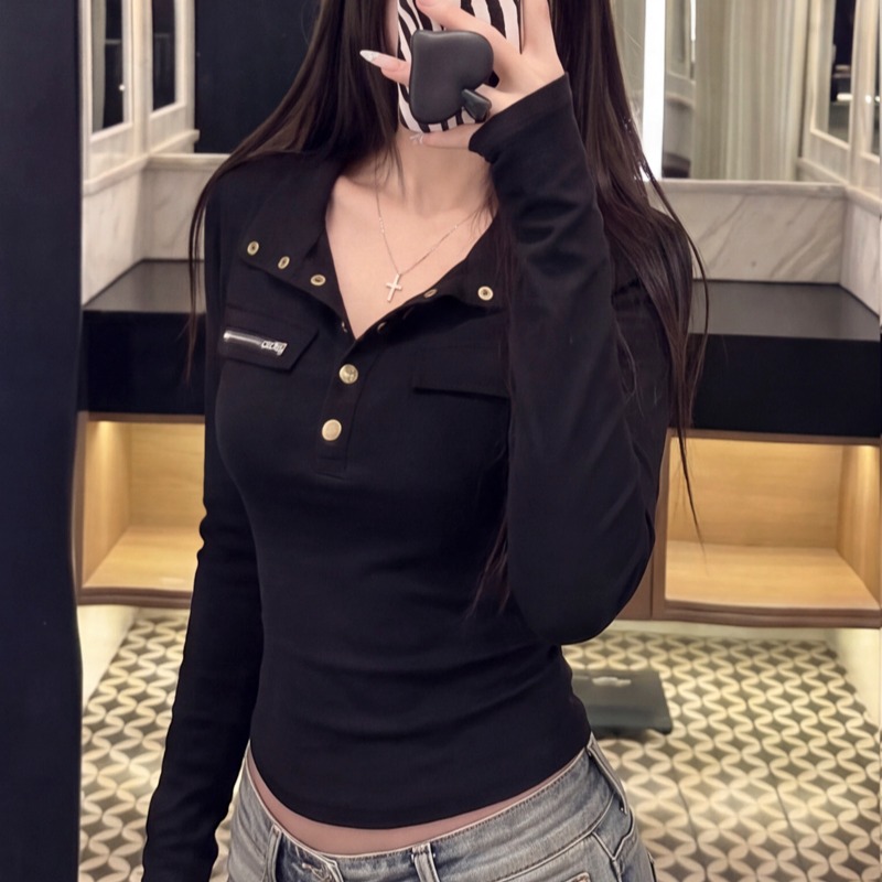Women's Slim Fit Button Stand Collar Long Sleeve T-Shirt 2026 Fall - Style 3a39b2 - Image 5