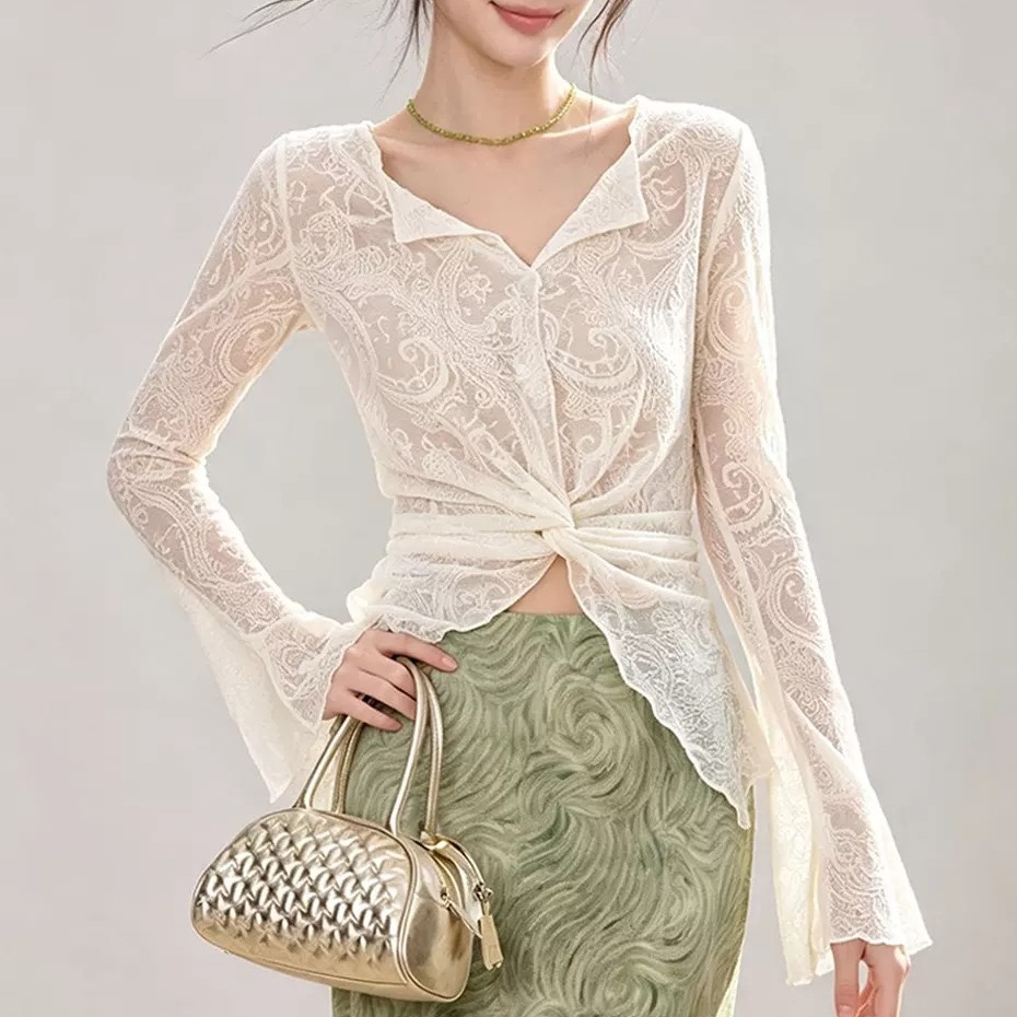Women's Cross Twist Lace V-Neck Long Sleeve Blouse - Image 5
