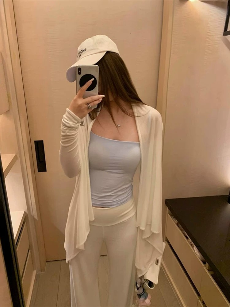 Irregular Hem White Knit Sun Protection Cardigan for Women Spring Autumn Cami Outer Cover Sheer Shawl Jacket Top