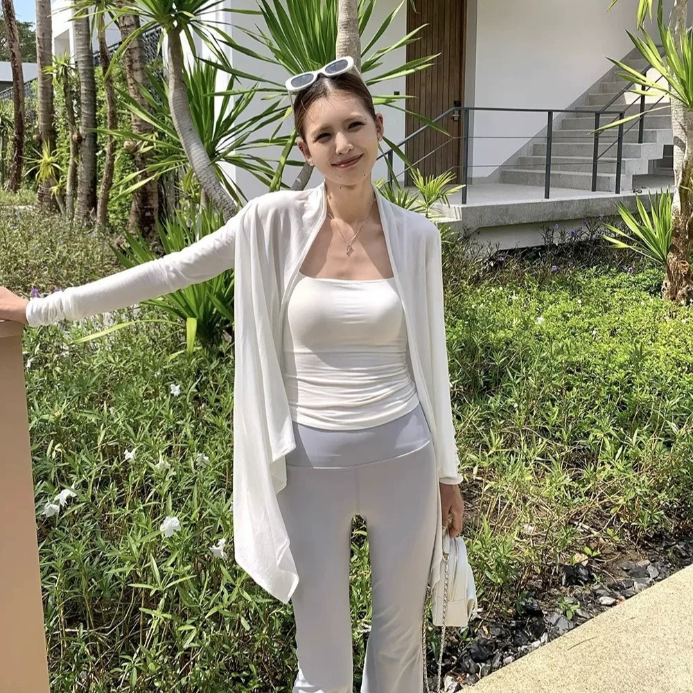 Irregular Hem White Knit Sun Protection Cardigan for Women Spring Autumn Cami Outer Cover Sheer Shawl Jacket Top - Image 5