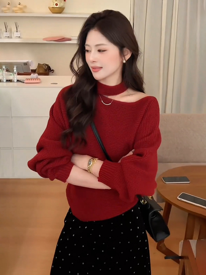 French Style Off-Shoulder Halter Knit Top for Women Fall Winter Base Layer - Image 2