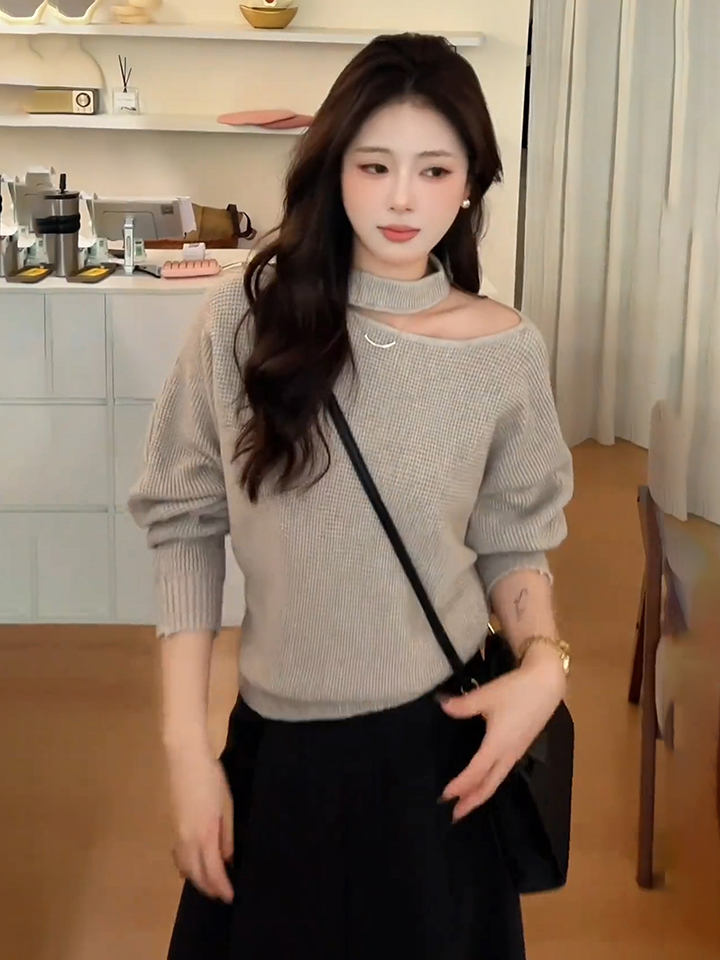 French Style Off-Shoulder Halter Knit Top for Women Fall Winter Base Layer - Image 4