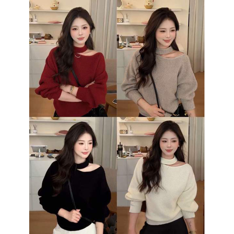 French Style Off-Shoulder Halter Knit Top for Women Fall Winter Base Layer - Image 5