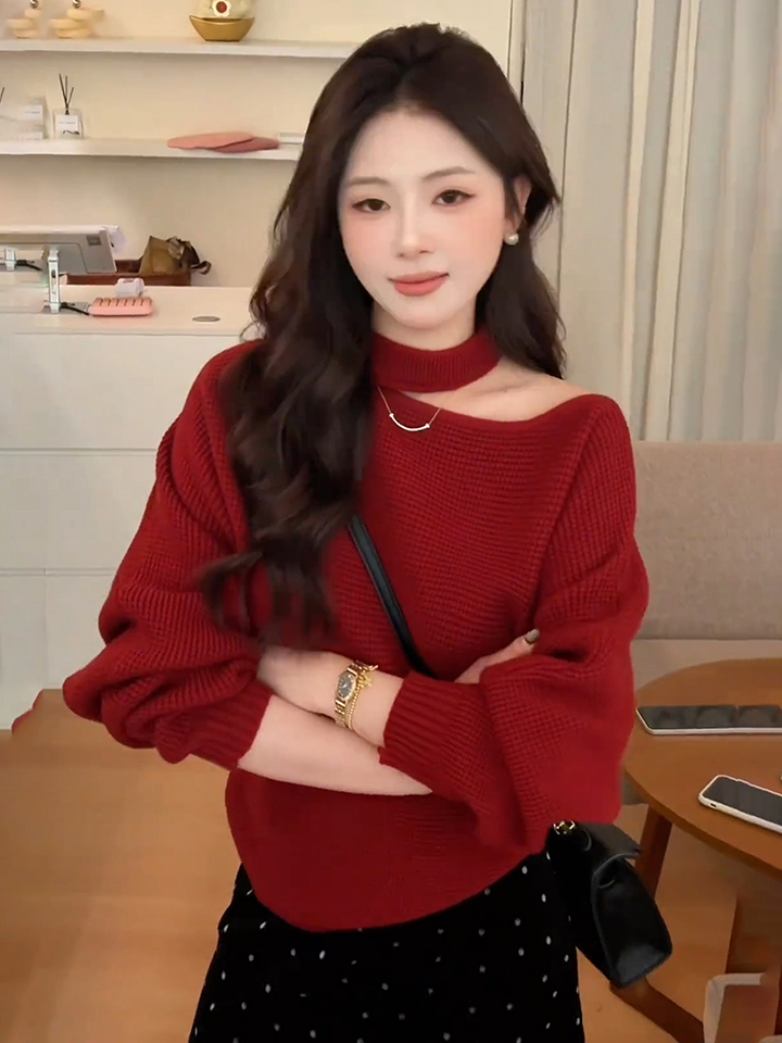 French Style Off-Shoulder Halter Knit Top for Women Fall Winter Base Layer