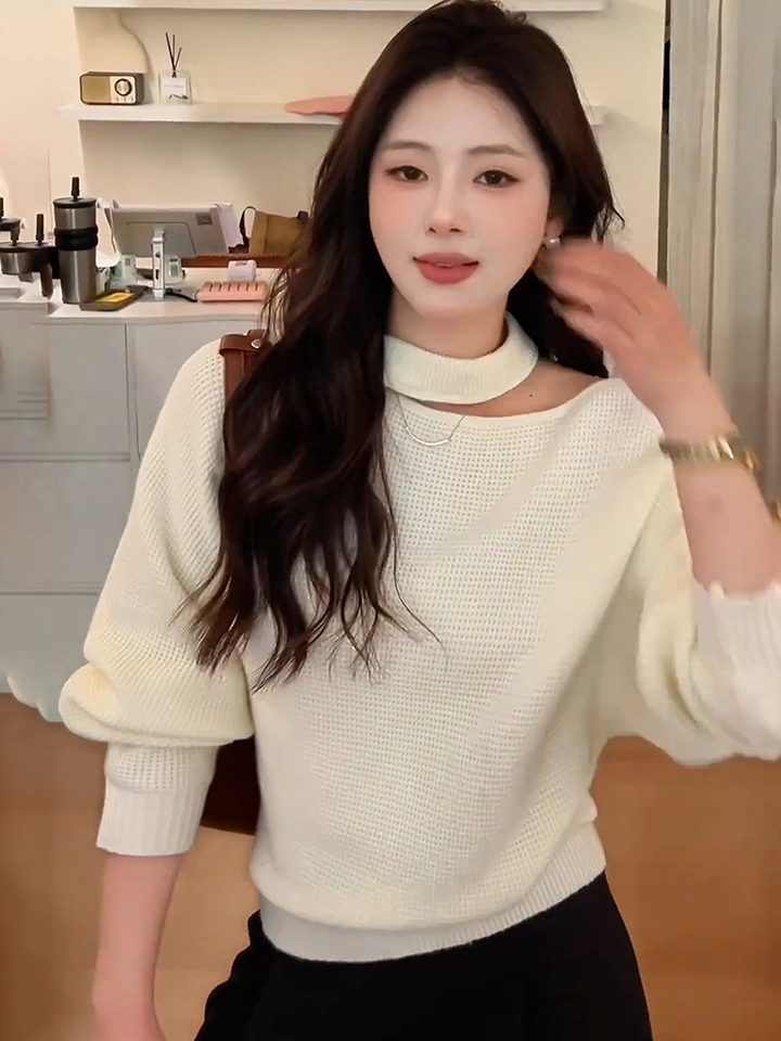 French Style Off-Shoulder Halter Knit Top for Women Fall Winter Base Layer - Image 3