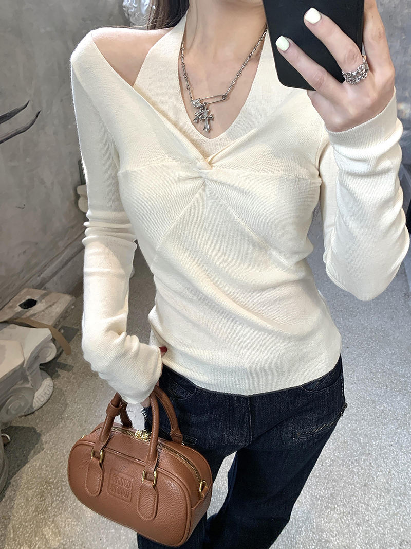 French Style Two-Way All Wool Knit Halter Top Base Layer High Quality Knit Faux Two Piece Women